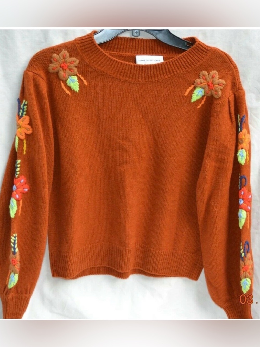 Something Navy Burnt Orange Floral-Embroidered Crewneck Sweater